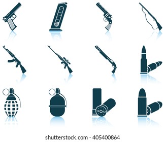 Set of twelve weapon icons with reflections. Vector illustration.