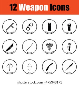 Set of twelve weapon icons.  Thin circle design. Vector illustration.