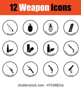 Set of twelve weapon icons.  Thin circle design. Vector illustration.
