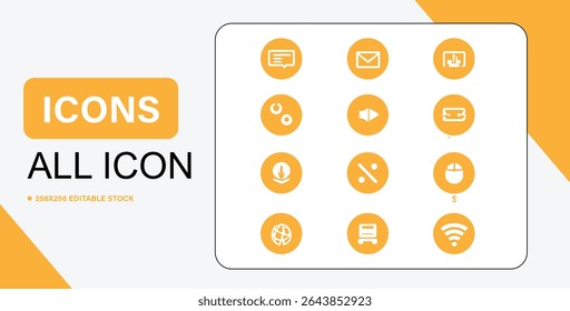 A set of twelve white icons on orange circles, including email, download, and wifi, set against a white background.