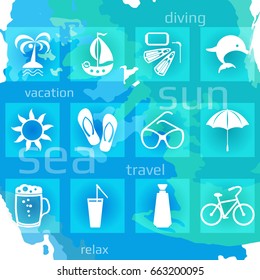 Set of twelve white vacation icons. Vector illustration