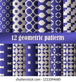 Set of twelve winter sea blue geometric patterns.