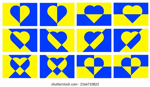 A set of twelve yellow and blue flags with a heart in the middle. Inversion heart. Vertical, horizontal, diagonal, checkerboard and diamond division.