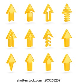 Set of twelve yellow dimensional arrows with the glossy shading, eps10 vector clip-art, color and shading layers are separate, easy to edit