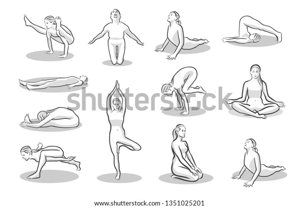 Set Twelve Yoga Poses Handdrawn Vector Stock Vector Royalty Free 1351025201