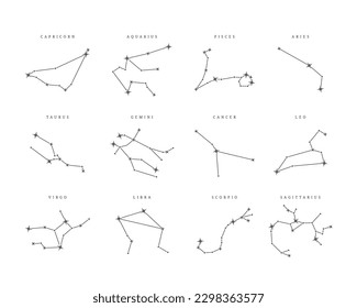 Set of twelve zodiac constellations, black horoscope signs, stellar bodies. Capricorn, Aquarius, Taurus, Aries, Gemini, Cancer constellations of stars, astrological symbols vector illustration