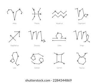 Set of twelve zodiac constellations on white background, astrological symbols. 12 constellations of sparkling stars, astrology, horoscope symbols vector illustration