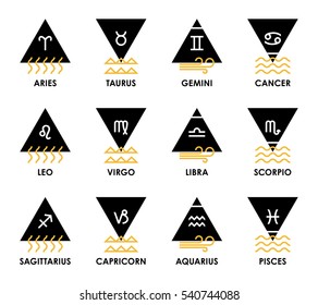 Set of twelve zodiac signs for horoscopes. Aries, Taurus, Gemini, Cancer, Leo, Virgo, Libra, Scorpio, Sagittarius, Capricorn, Aquarius, Pisces. Vector line design.