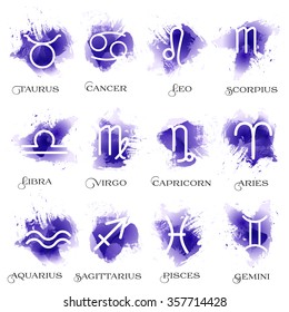 The set of the twelve zodiac signs. Purple watercolor round frame background. Astrological symbols. Horoscope collection. Vector illustration.