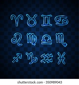 Set of twelve Zodiac signs, transparent with bright glowing outline on a blue background