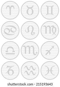 Set of twelve zodiac symbols on grey chevron circles