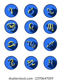 Set of twelve zodiac symbols on a white background. Astrological decorative elements from yellow-blue ribbon. Traditional Ukrainian colors. Logos with shadows.