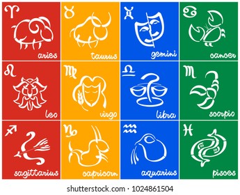 Set of twelve zodiacal signs in minimalistic style. Aries, Taurus, Gemini, Cancer, Leo, Virgo, Libra, Scorpio, Sagittarius, Capricorn, Aquarius, Pisces. Horoscope collection.