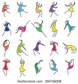 Set of twenty abstract female dancers, sketching colored cartoon vector illustration