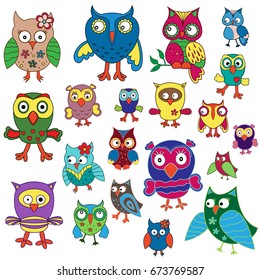 Set of twenty amusing colorful owls, cartoon vector illustration isolated on the white background