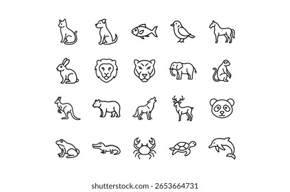 Um conjunto de vinte ícones de animais, renderizados em um estilo simples de contorno preto, apresentando diversas espécies de mamíferos a répteis e vida marinha.