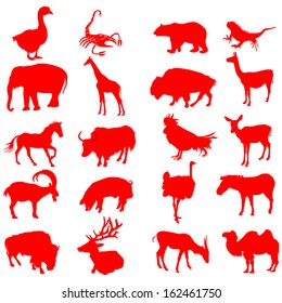 Set of twenty animal red silhouette vector isolated on white background.