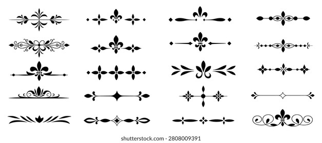 Set of twenty black decorative text dividers and floral ornaments with fleur de lis motifs and symmetrical flourishes isolated on a white background