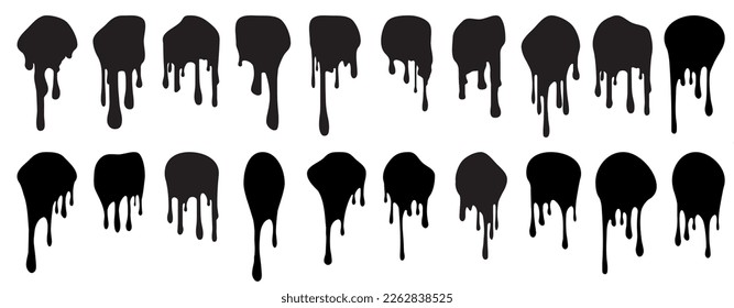 Set of twenty black decors with paint drips. Vector illustration for your design.