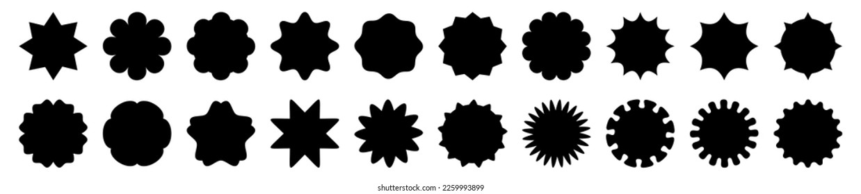 Set of twenty black stickers for product labels templates, starburst, sunburst badges for your design.	