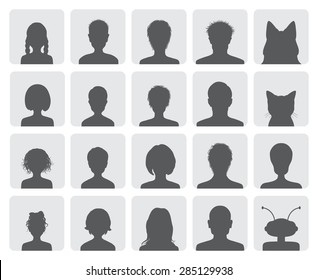 Set of twenty black and white avatars as silhouettes