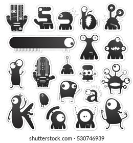 Set of twenty black and white cute monsters isolated on white with border for cutting. Funny character stickers, cartoon illustration. printable, vector.