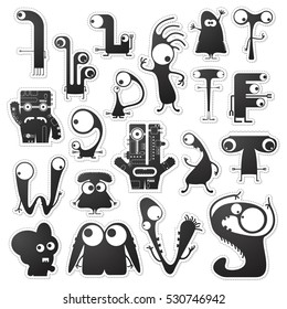 Set of twenty black and white cute monsters isolated on white with border for cutting. Funny character stickers, cartoon illustration. printable, vector.