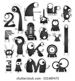 Set of twenty black and white cute monsters isolated on white with border for cutting. Funny character stickers, cartoon illustration. printable, vector.