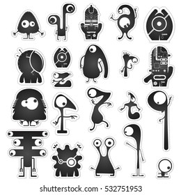 Set of twenty black and white cute monsters isolated on white with border for cutting. Funny character stickers, cartoon illustration. printable, vector.