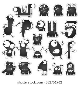 Set of twenty black and white cute monsters isolated on white with border for cutting. Funny character stickers, cartoon illustration. printable, vector.