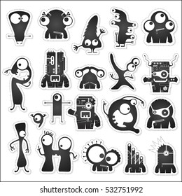 Set of twenty black and white cute monsters isolated on white with border for cutting. Funny character stickers, cartoon illustration. printable, vector.