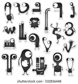 Set of twenty black and white cute monsters isolated on white with border for cutting. Funny character stickers, cartoon illustration. printable, vector.