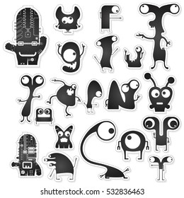Set of twenty black and white cute monsters isolated on white with border for cutting. Funny character stickers, cartoon illustration. printable, vector.