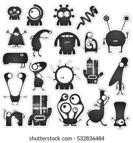 Set of twenty black and white cute monsters isolated on white with border for cutting. Funny character stickers, cartoon illustration. printable, vector.