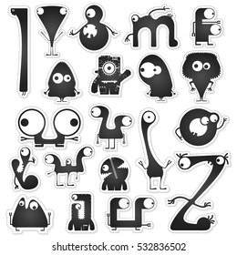 Set of twenty black and white cute monsters isolated on white with border for cutting. Funny character stickers, cartoon illustration. printable, vector.