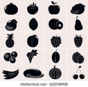 set of twenty black and white fruit icons
