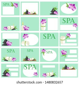 Set of twenty business cards in delicate colors with wellness center symbols