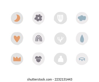 Set of twenty circle fine stickers or icons, childish cartoon doodle style, set of hand drawn elements, printable, nursery, preschool kids, teaching and learning, kindergarten 