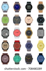 Set of twenty classic design mechanical wristwatch isolated on white background. Clock face with hour, minute and second hands. Vector illustration.