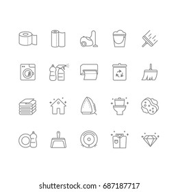 Set of twenty cleaning line icons. Contains icons such as a toilet, toilet paper, paper towels, a cleaner, laundry, iron, vacuum cleaner and much more. 64x64 pixel perfect. Vector illustration.