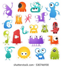 Set of twenty colorful pretty monsters isolated on white with border for cutting. Funny character stickers, cartoon illustration. printable, vector.