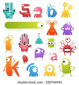 Set of twenty colorful pretty monsters isolated on white with border for cutting. Funny character stickers, cartoon illustration. printable, vector.