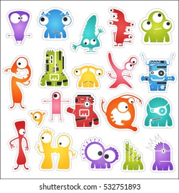 Set of twenty colorful pretty monsters isolated on white with border for cutting. Funny character stickers, cartoon illustration. printable, vector.