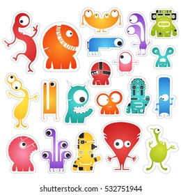 Set of twenty colorful pretty monsters isolated on white with border for cutting. Funny character stickers, cartoon illustration. printable, vector.