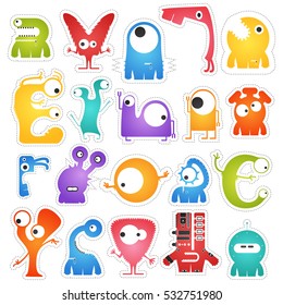 Set of twenty colorful pretty monsters isolated on white with border for cutting. Funny character stickers, cartoon illustration. printable, vector.