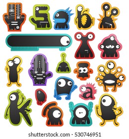Set of twenty cute black monsters on color background isolated on white with border for cutting. Funny character stickers, cartoon illustration. printable, vector.