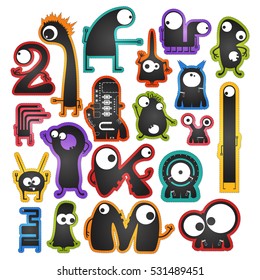 Set of twenty cute black monsters on color background isolated on white with border for cutting. Funny character stickers, cartoon illustration. printable, vector.