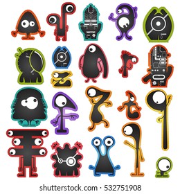 Set of twenty cute black monsters on color background isolated on white with border for cutting. Funny character stickers, cartoon illustration. printable, vector.