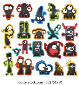Set of twenty cute black monsters on color background isolated on white with border for cutting. Funny character stickers, cartoon illustration. printable, vector.