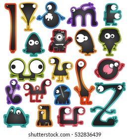 Set of twenty cute black monsters on color background isolated on white with border for cutting. Funny character stickers, cartoon illustration. printable, vector.
